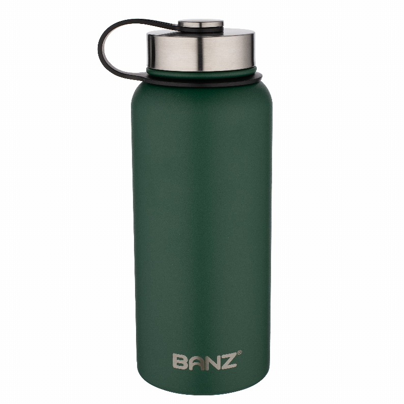 Dark green stainless water bottle with metal lid and carrying loop, BANZ logo