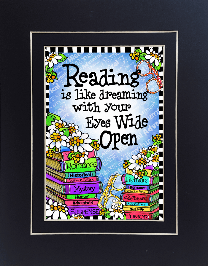 Black 8x10 framed reading quote wall art with colorful floral border and stylized text