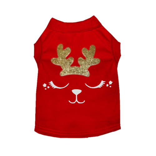 Red sleeveless dog T-shirt with reindeer face graphic, gold and white