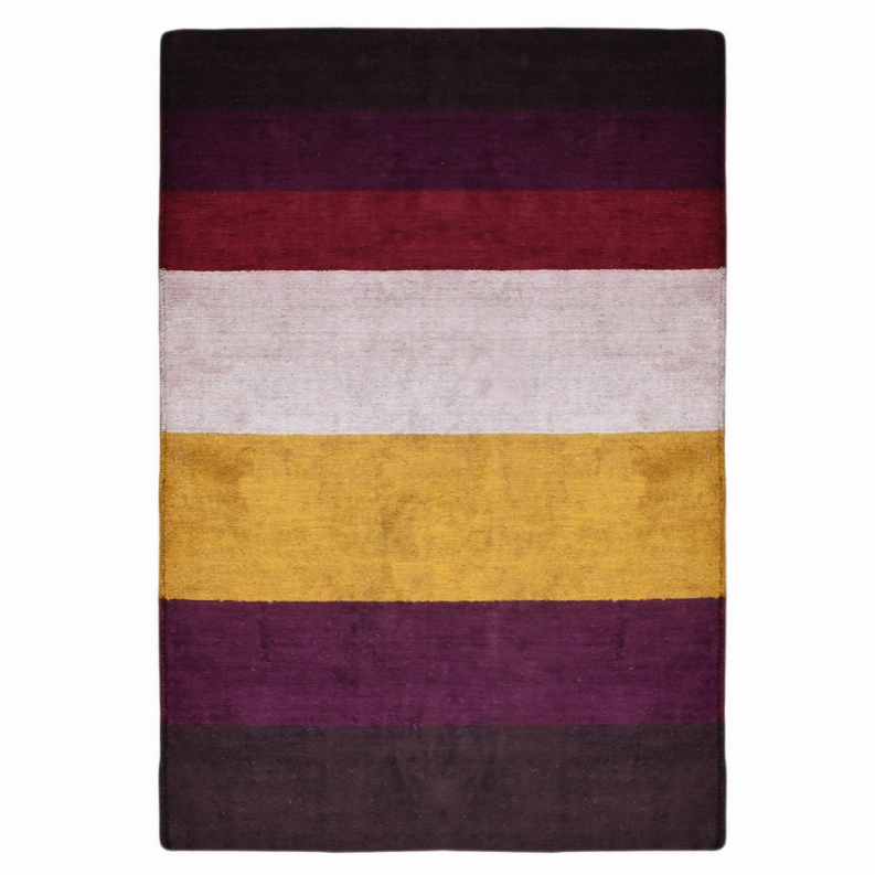 Rectangular rug with horizontal stripes in burgundy, cream, gold, and dark purple.