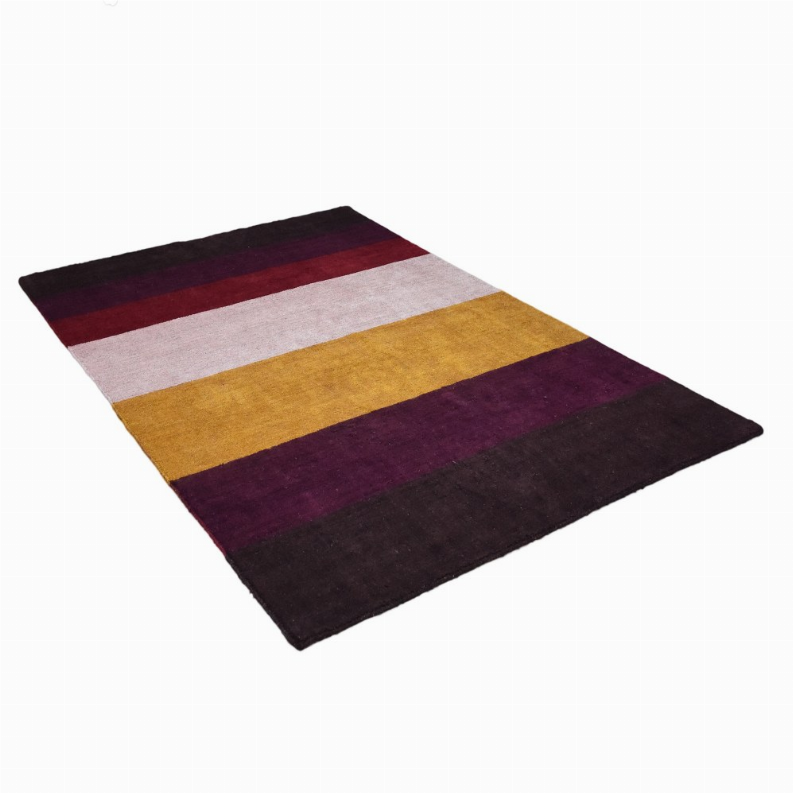 Striped rectangular rug with burgundy, cream, gold, and dark purple sections.