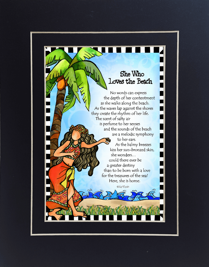 Framed beach illustration with woman in red dress, palm tree, and blue waves