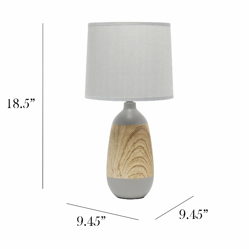 Gray fabric drum-shade ceramic table lamp with light woodgrain base