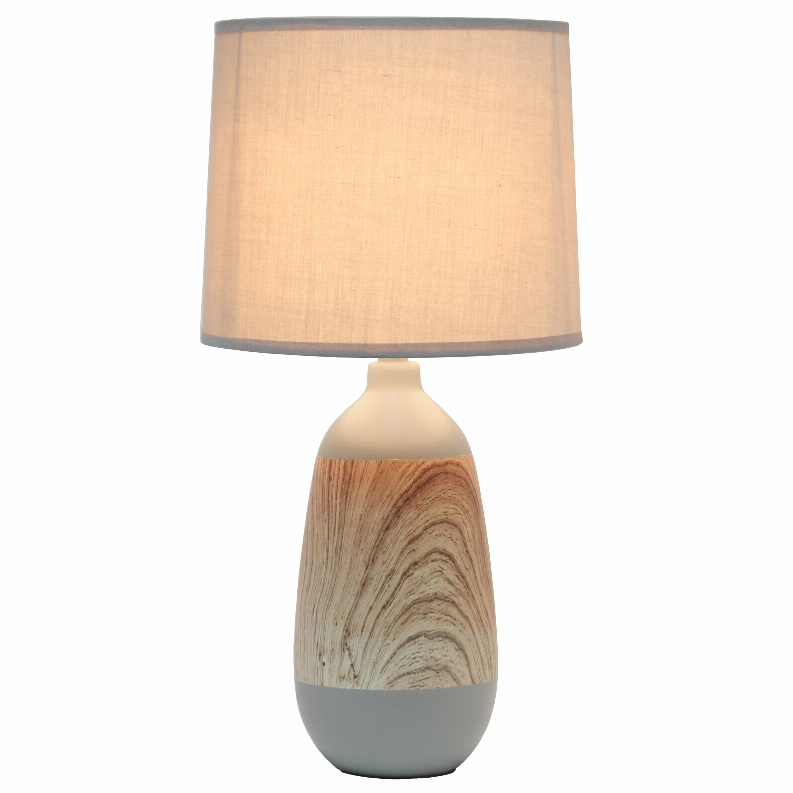 Light-beige drum-shade ceramic table lamp with light woodgrain base