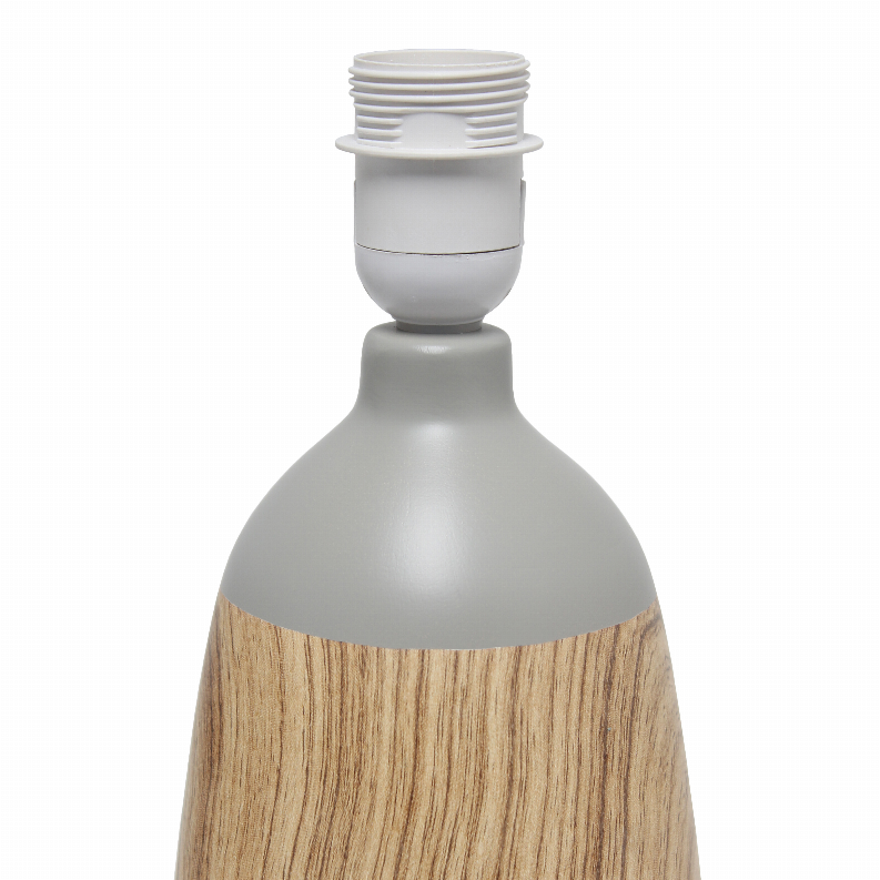 Top view of gray ceramic lamp base with stacked bulb socket and light woodgrain