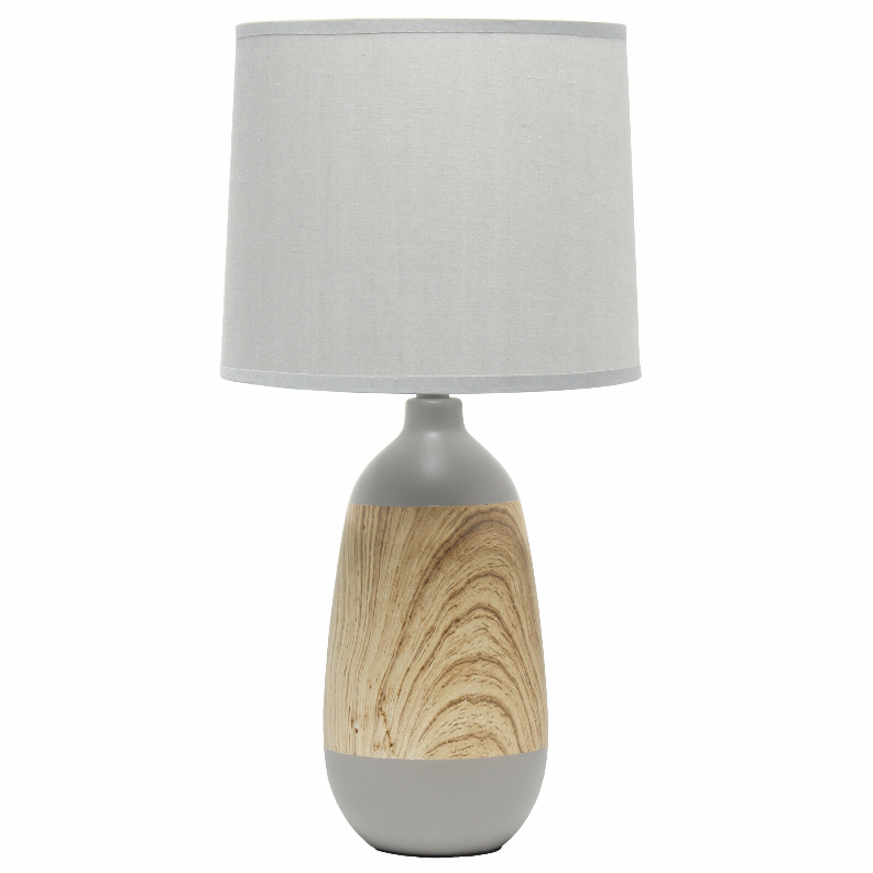Ceramic table lamp with gray fabric drum shade and light woodgrain base