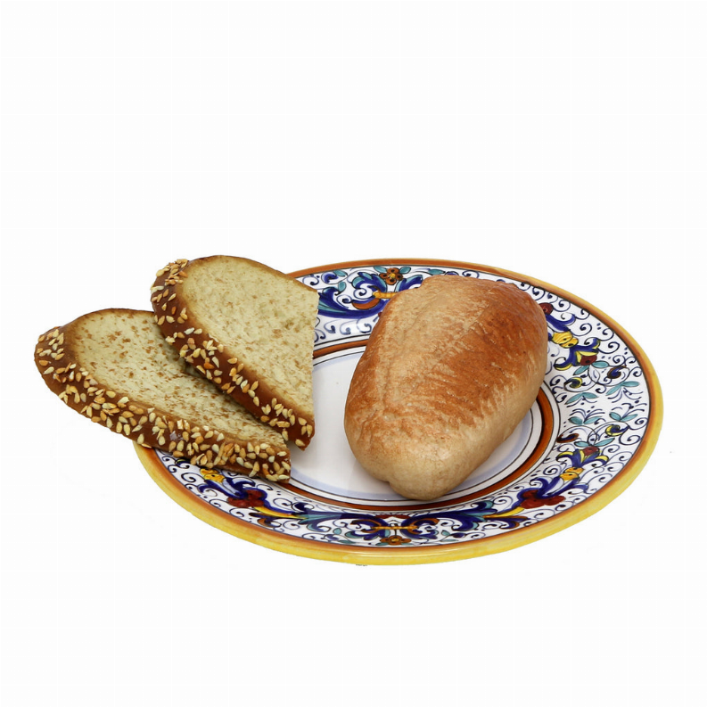 RICCO DERUTA deluxe butter tray with blue floral rim and bread pieces in center