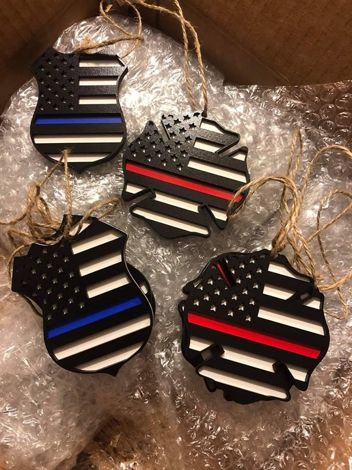 Wooden firefighter badge ornament set, starry stripes, black/red/white, on twine
