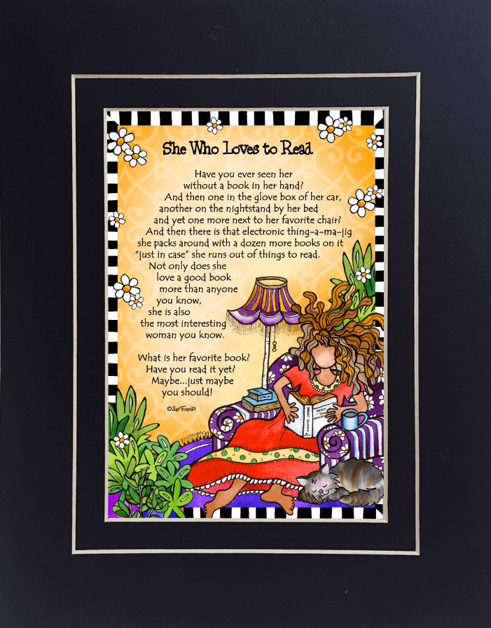 Framed quote print with woman reading and orange background, 'She Who Loves to Read'