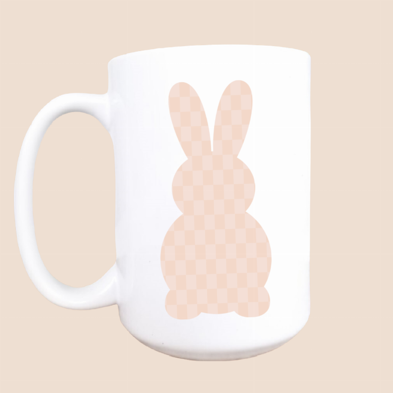 White ceramic coffee mug with pink checker bunny graphic, 15oz