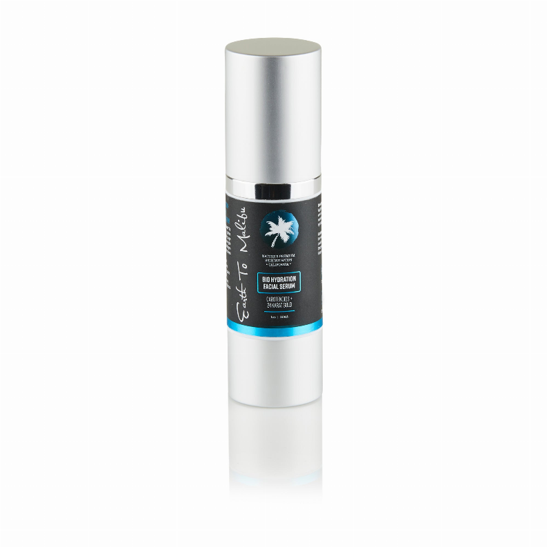 Bio hydration facial serum tube with silver cap and dark label with blue band