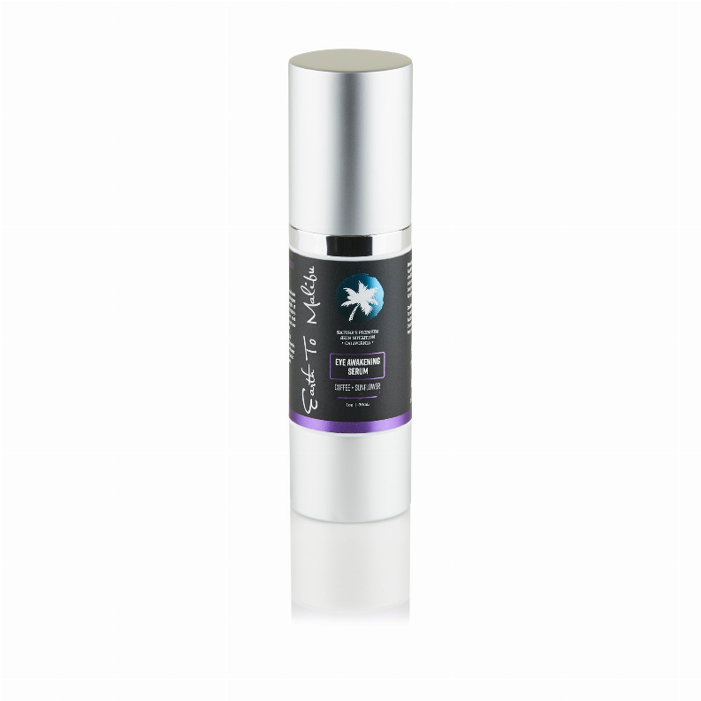 Eye awakening serum tube with silver cap and dark label with purple accent