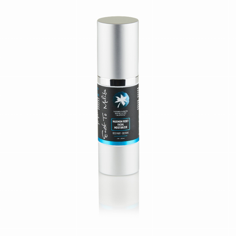Facial moisturizer tube with silver cap and dark label with blue accent