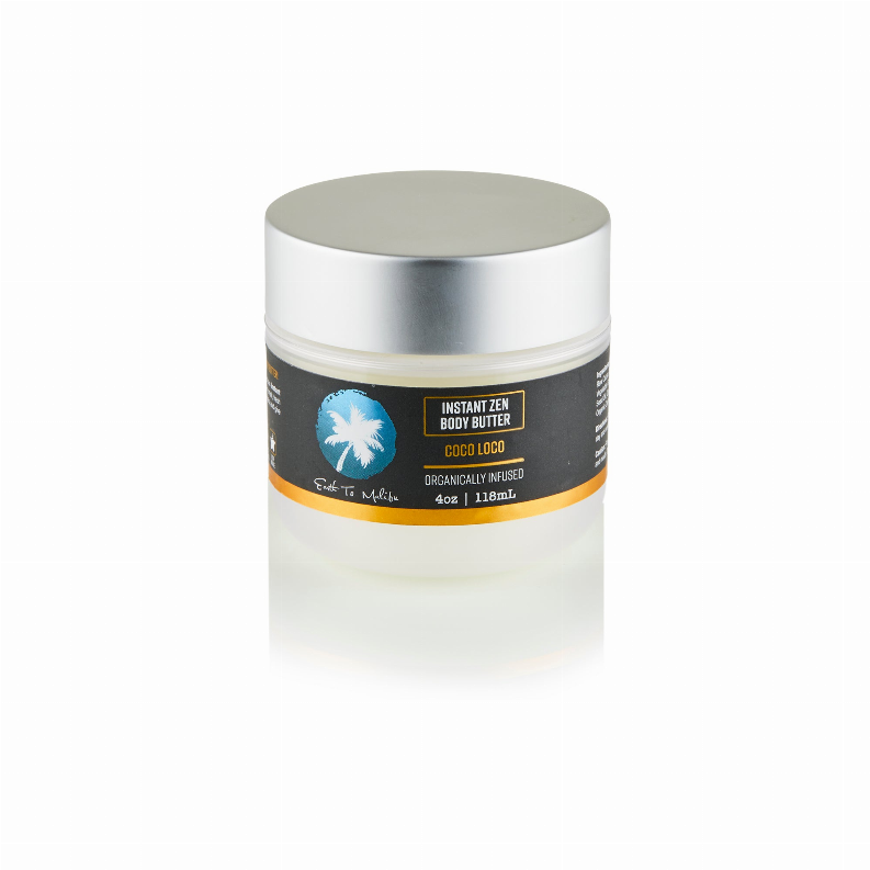 Body butter jar with silver lid, Coco Loco label, smooth white cream inside.