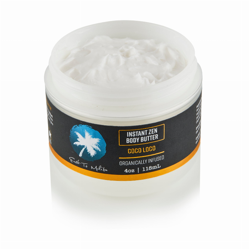 Body butter jar with white lid, Coco Loco label, smooth white cream inside.