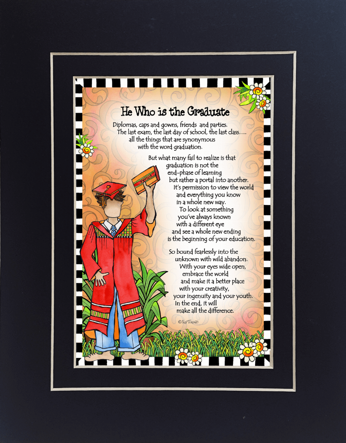 Black framed graduation quote print with colorful cartoon and flowers