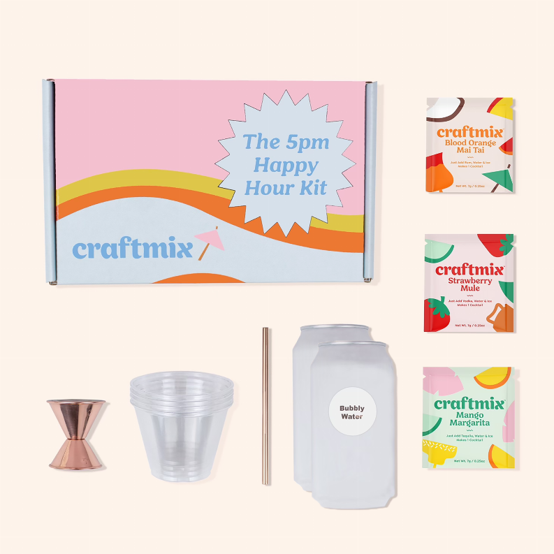 Happy hour kit box with copper jigger, pitcher, cups, straws, and craftmix sachets