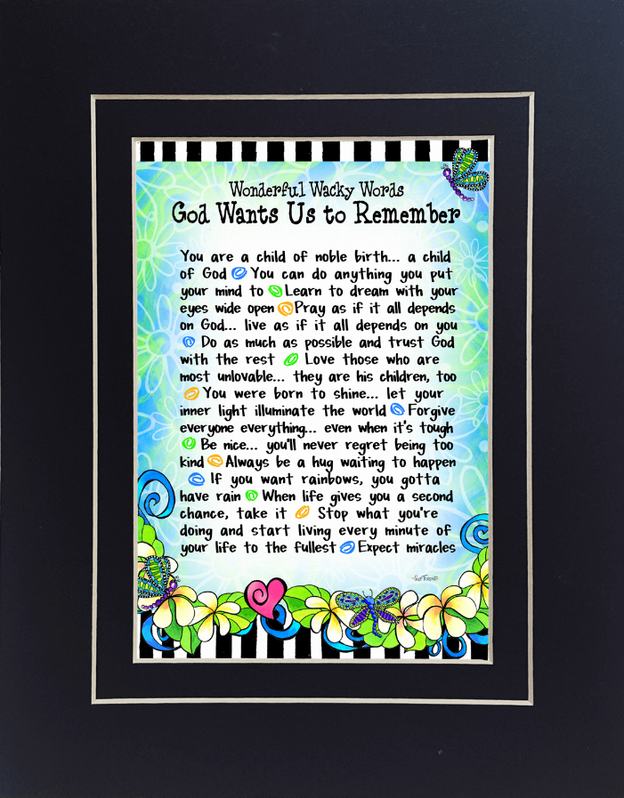 Black framed inspirational wall art with colorful floral border and poem text