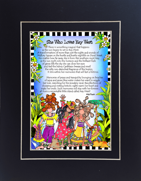 Black framed wall art with Key West quote, colorful people, and floral border.