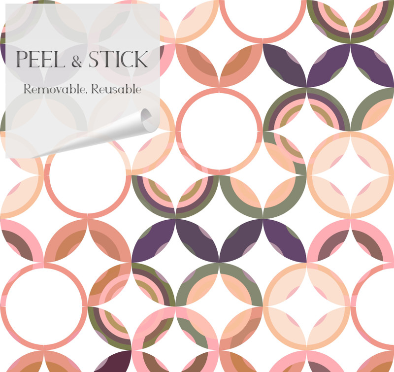 Peel-and-stick wallpaper design with repeating circular geometric floral pattern in coral and navy