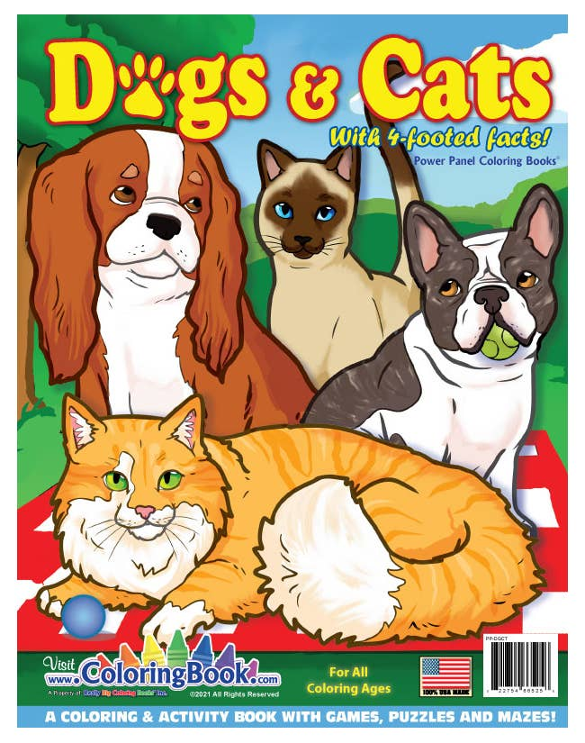 Dogs and cats coloring book cover with four pet illustrations and playful title text