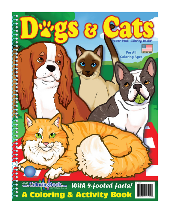 Spiral-bound dogs and cats coloring book cover with four pet illustrations and title text