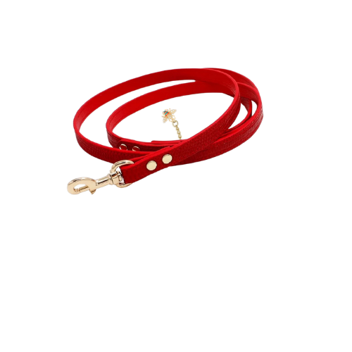 Red studded GG dog leash with gold clip and metal ring