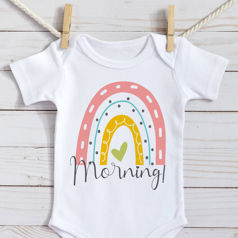 White short-sleeve baby onesie with colorful arch and 'Morning!' print