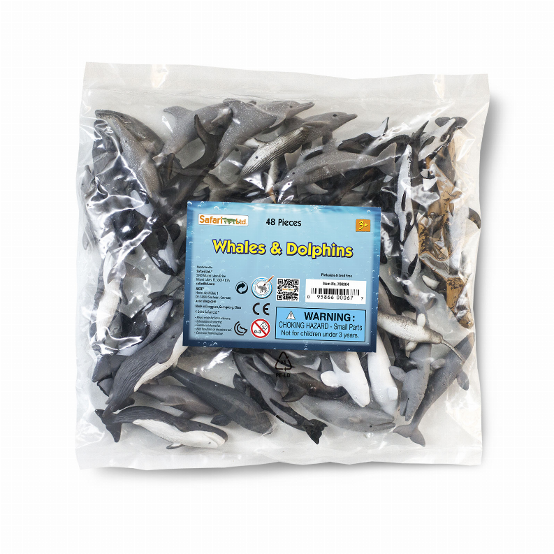 Sealed bag of gray whales and dolphins animal figures, front label and icons