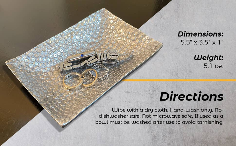 Rectangular textured soap dish/jewelry bowl with rings and keychain, angled view