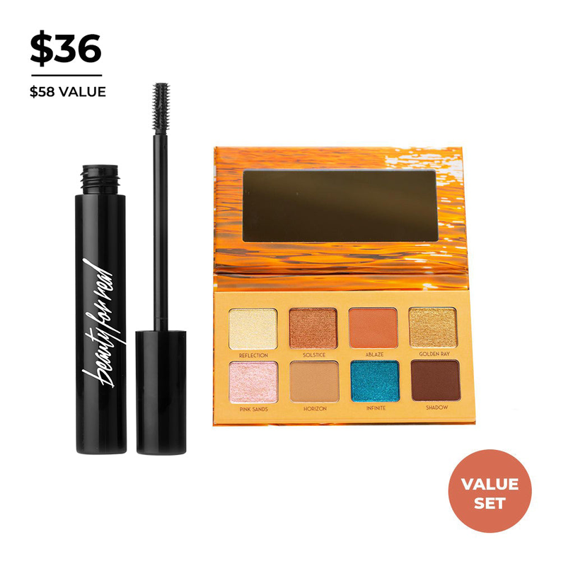 Black mascara tube with wand and Golden Hour eyeshadow palette with assorted shades