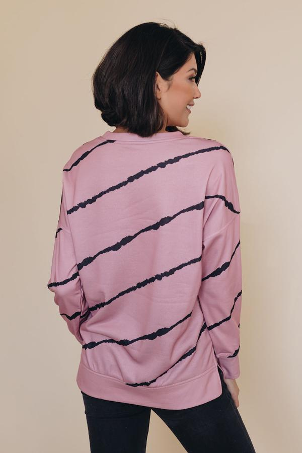 Back tie-dye striped pullover: dusty pink with dark diagonal stripe pattern, long sleeves