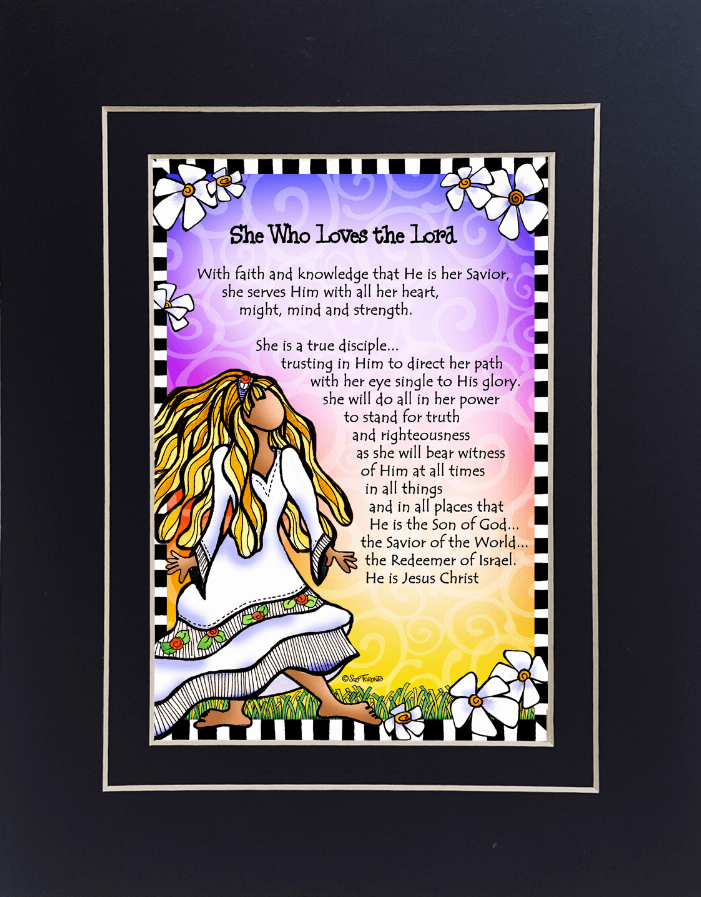 Framed scripture print with checkered border, flowers, blonde woman, and “She Who Loves the Lord”