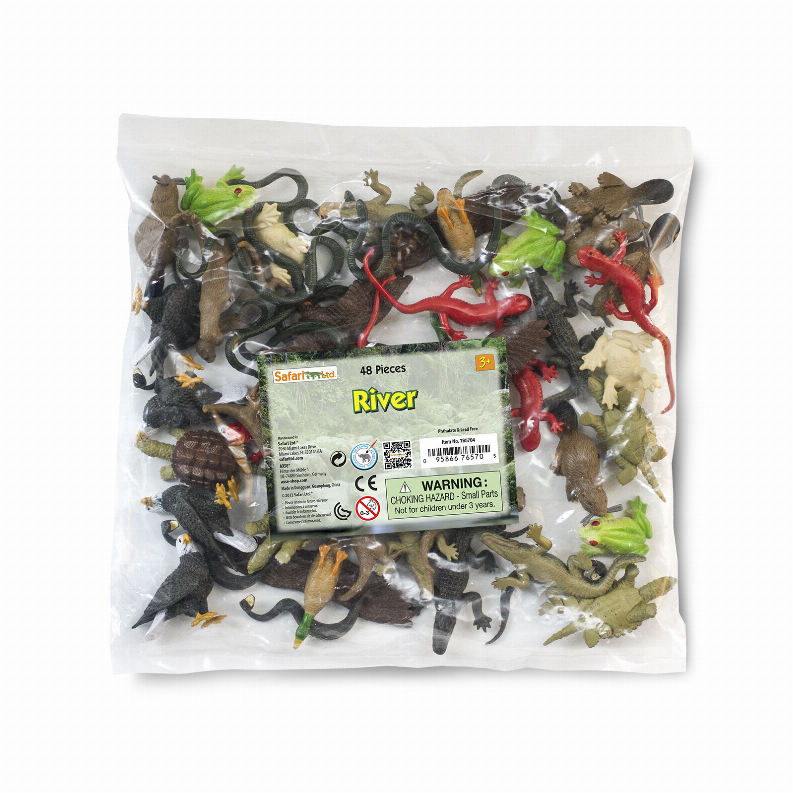 River 48-piece dinosaur playset with mixed animal figures in sealed plastic bag