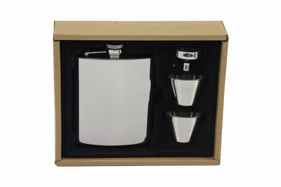 Stainless steel flask set with two shot glasses in a presentation box