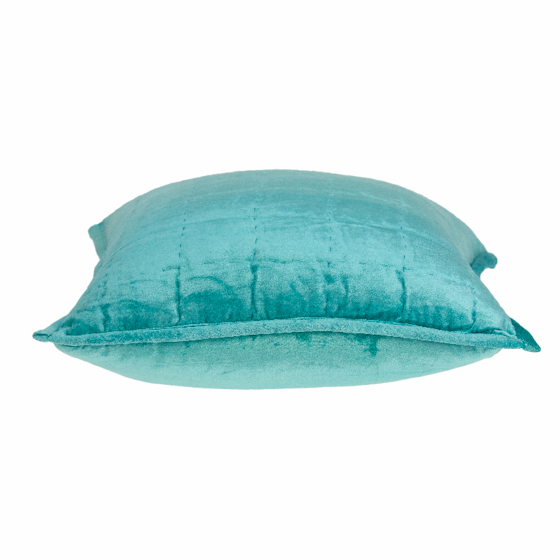 Aqua square throw pillow side view with stitched channel seams