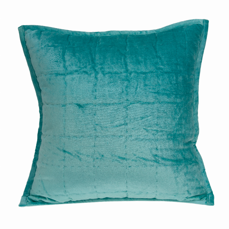 Aqua square throw pillow with quilted grid texture and rounded corners