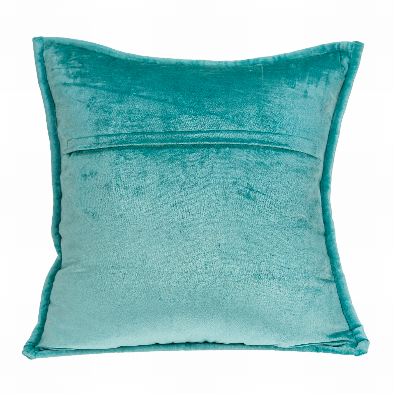 Aqua square throw pillow with subtle stitched lines and plush, velvety texture