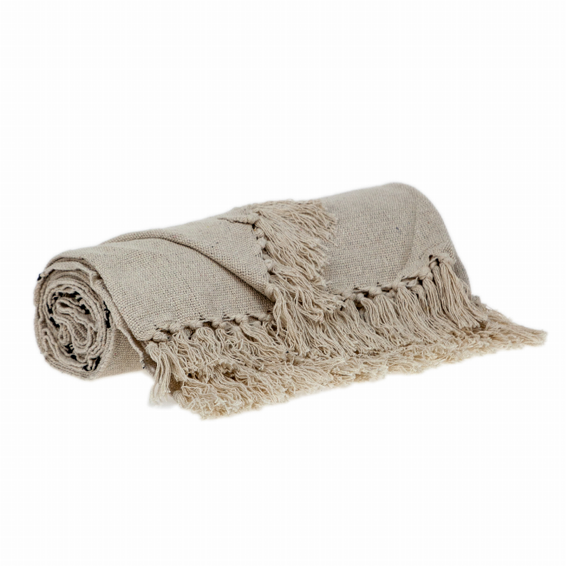 Beige woven handloom throw with long fringed ends, rolled view