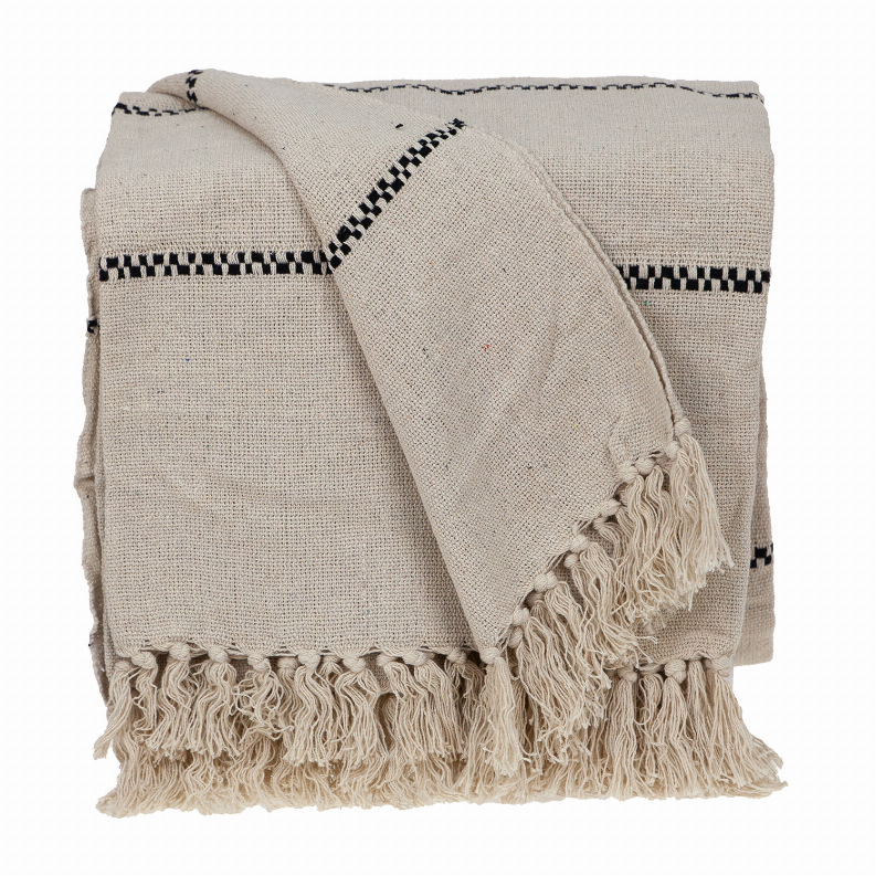 Beige woven throw blanket with dark check detail and fringed border