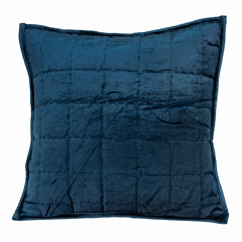 Navy blue square throw pillow, quilted front with soft velvet texture