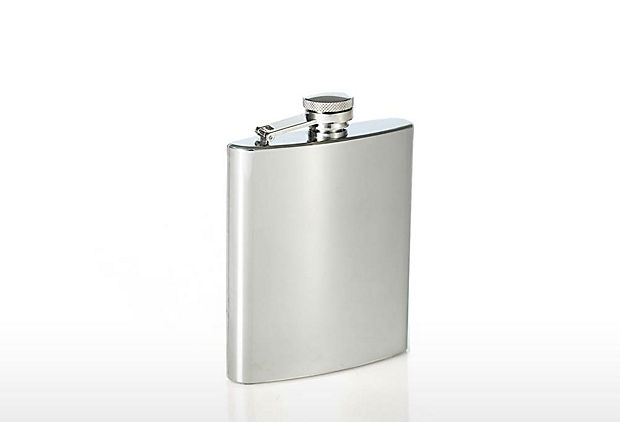 Silver mirror-finish 7 oz hip flask with captive cap and threaded top