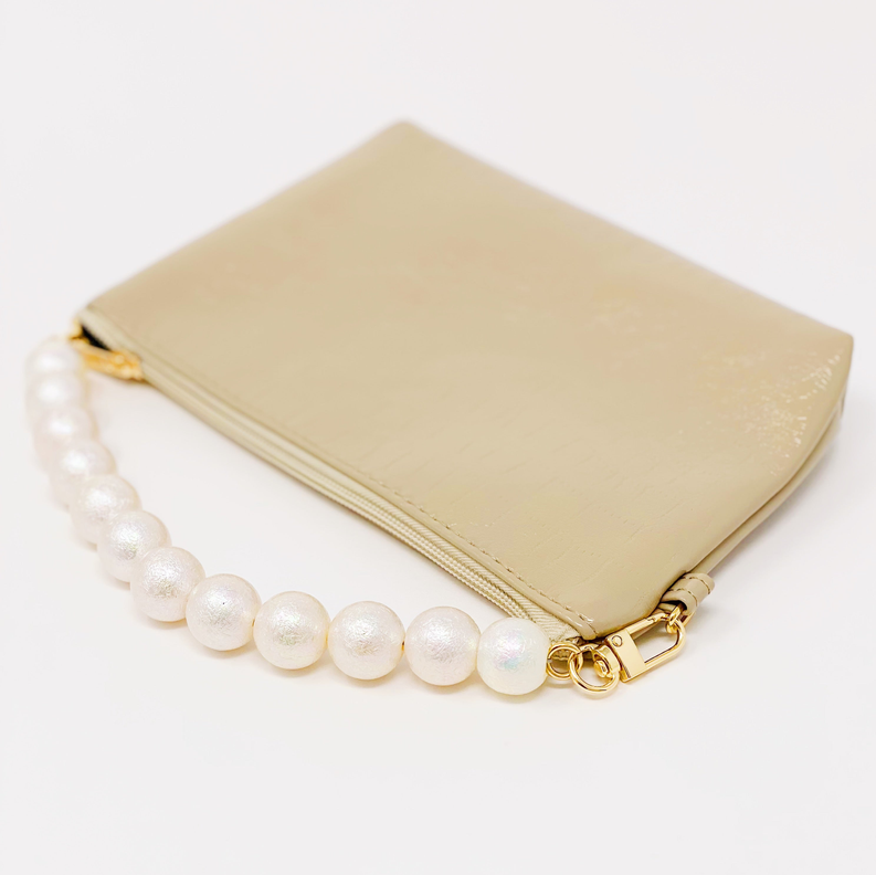 Pearl beaded purse strap with gold clasp and lobster hardware