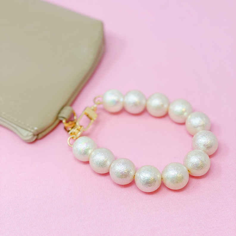 Iridescent pearl beaded purse strap with gold clasp