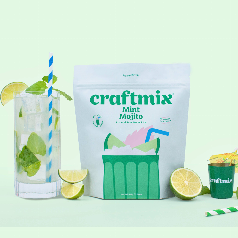 Mint Mojito cocktail mocktail mixer pouch with lemon and mint leaves