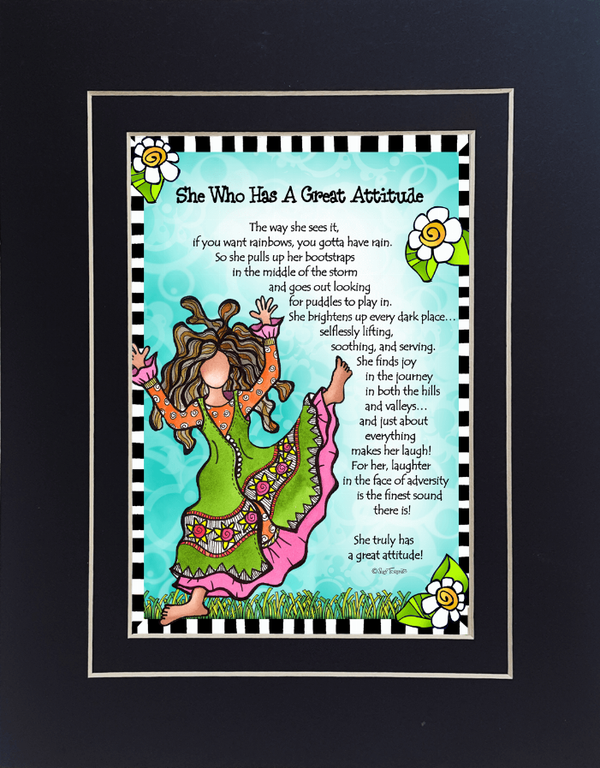 Black framed wall art with colorful girl illustration and quote text
