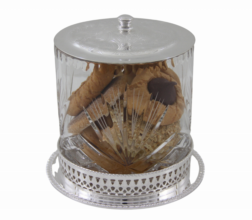 Silver plate crystal cookie jar with detailed lid and leaf pattern, cookies inside