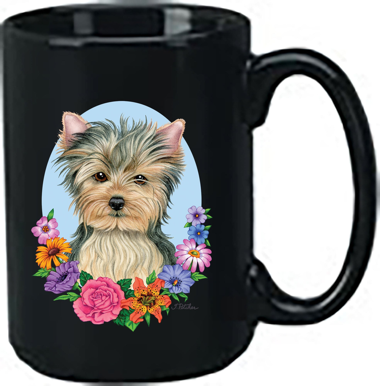Black ceramic coffee mug with Yorkshire terrier portrait and colorful flowers