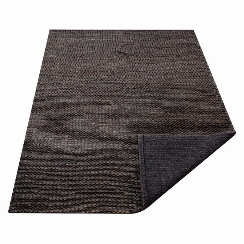 Hand-woven jute area rug, dark charcoal brown, solid weave with corner folded detail