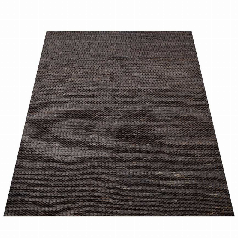 Hand-woven jute area rug, dark charcoal brown, rectangular solid surface with tight weave